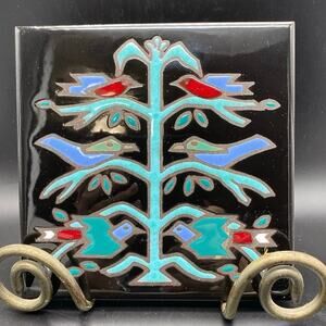 Cleo Teissedre ceramic‎ tile Trivet birds tree Art Deco style Made in USA